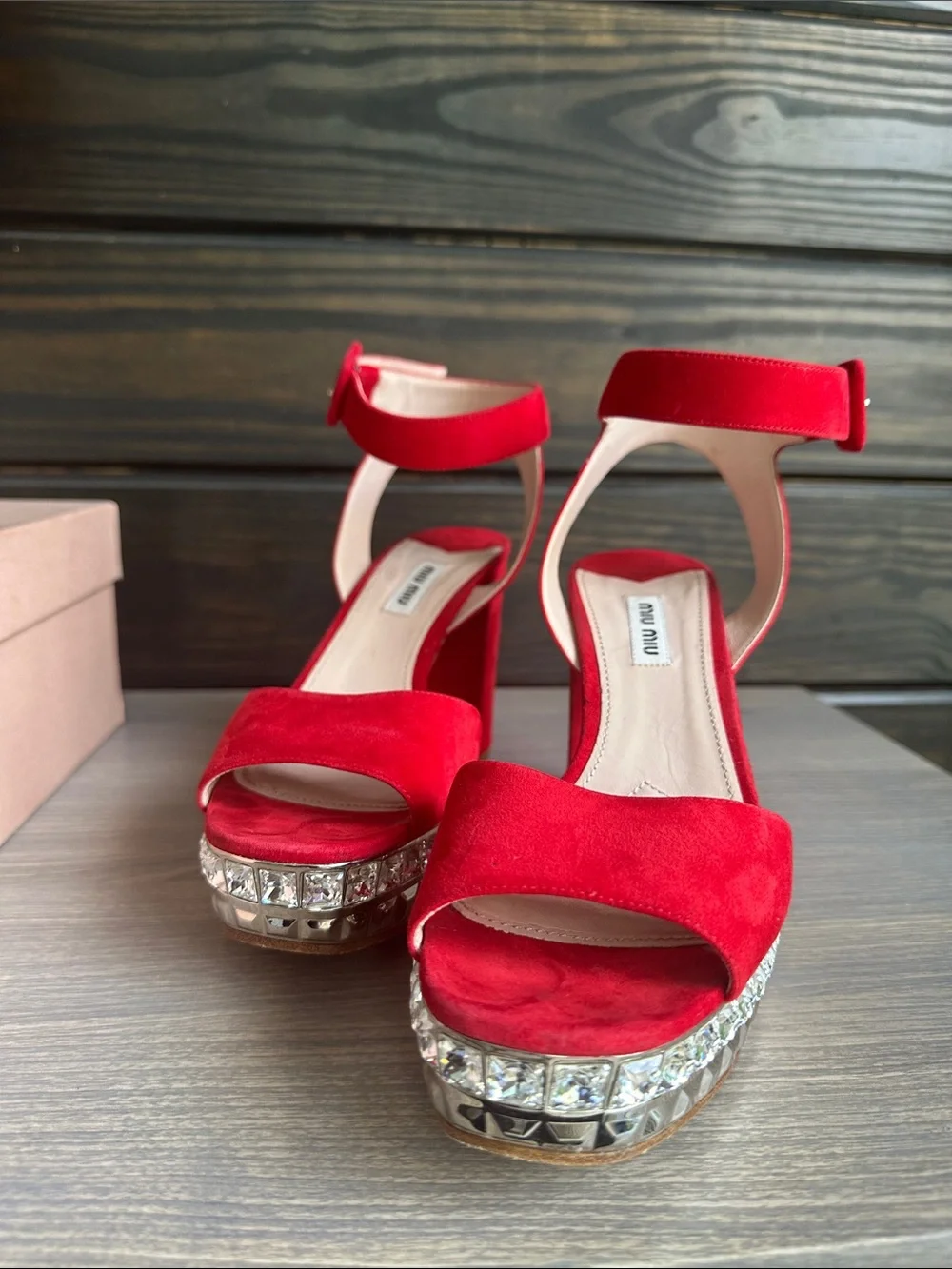 Miu Miu Red Suede Crystal-Trim Platform Sandals